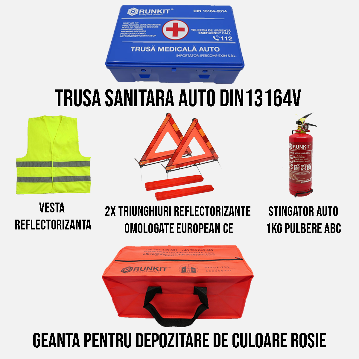 Kit siguranta auto Cri-Flo, Omologat R.A.R, Valabilitate 5 ani, 1x Trusa Prim Ajutor, 2 x Triunghiuri, 1x Stingator tip Spray, 1x Vesta reflectorizanta, Geanta pentru depozitare, 4 Stickere auto cu Vw